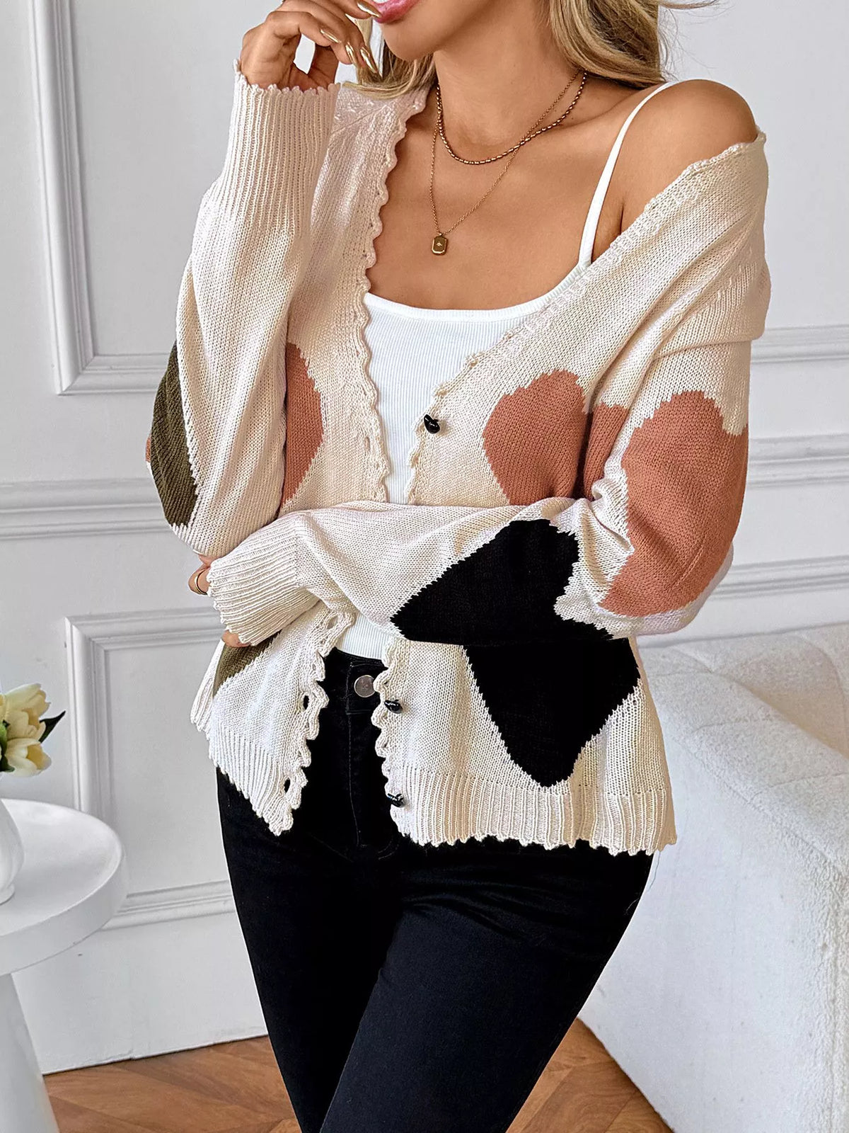Heart Pattern Button-Up Cardigan