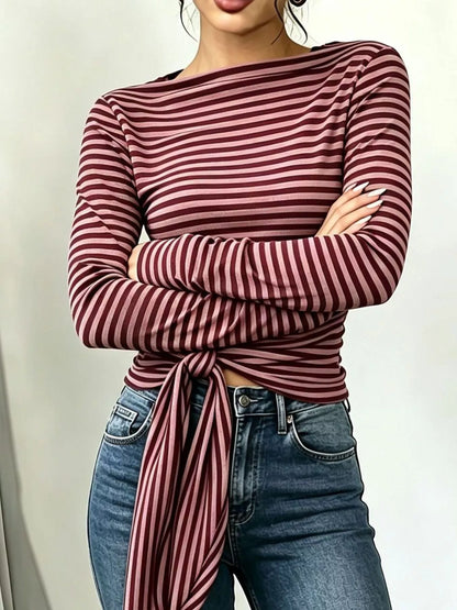 Long Sleeve Striped T-Shirt with Front Tie Detail