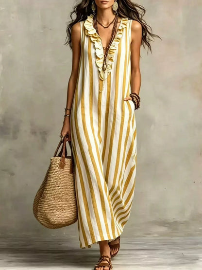 Plus Size Sleeveless Striped Ruffle Maxi Dress