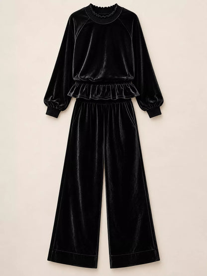 Velvet Ruffled Hem Top and Wide-Leg Pants Set