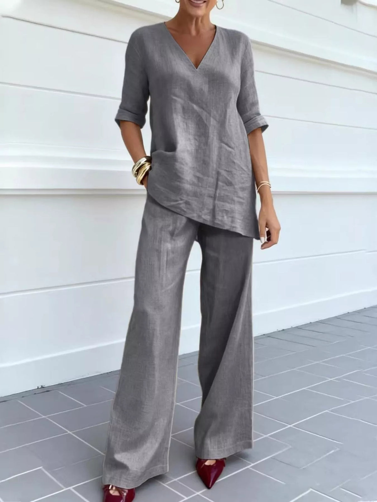 Full Size V-Neck Half Sleeve Top and Pants Set Plus Size