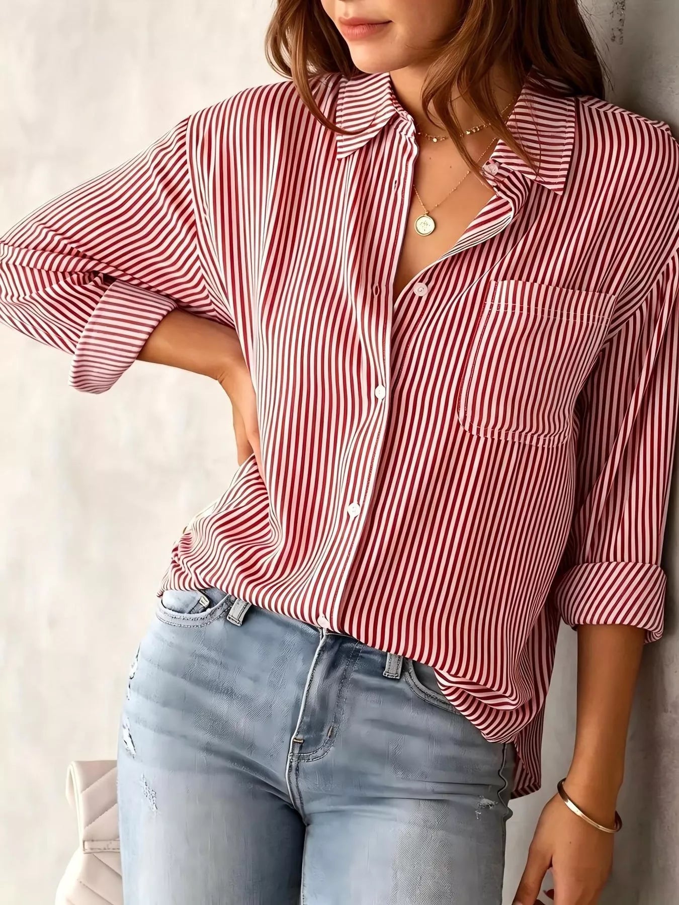 Full Size Striped Button-Down Long Sleeve Shirt Plus Size