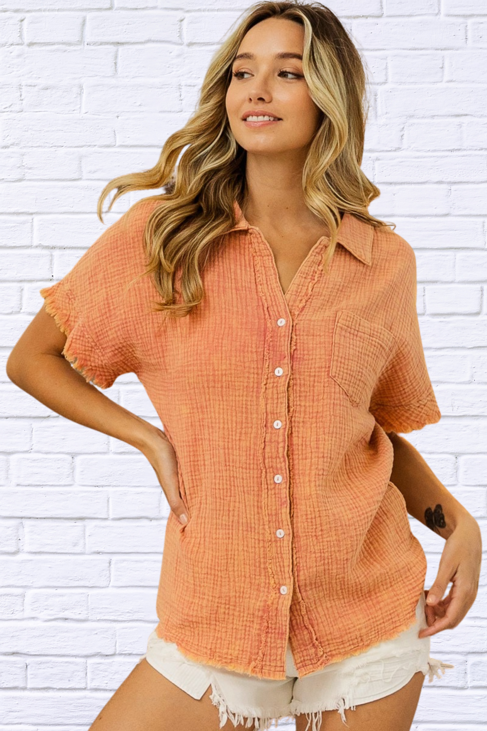 Mineral Washed Buttoned Up Shirt Top VINTAGE APRICOT