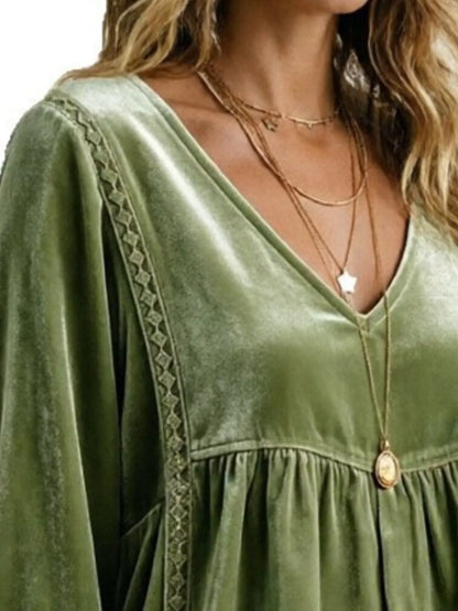 Full Size V-Neck Long Sleeve Velvet Blouse with Lace Trim Plus Size