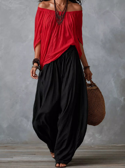 Full Size Off-Shoulder Top and Wide-Leg Harem Pants Set Plus Size