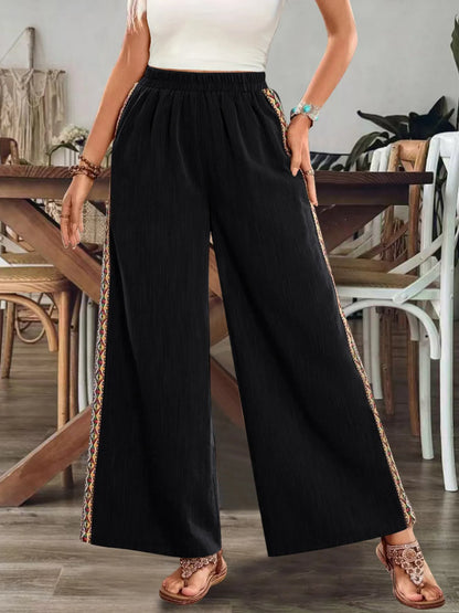 Bohemian Wide Leg Embroidered Side Stripe Pants Black