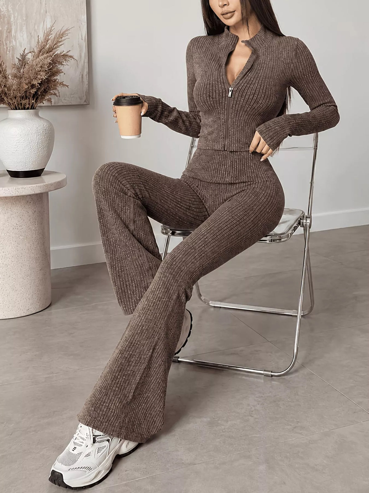 Ribbed Zip-Up Cardigan and Pants Knit Set
