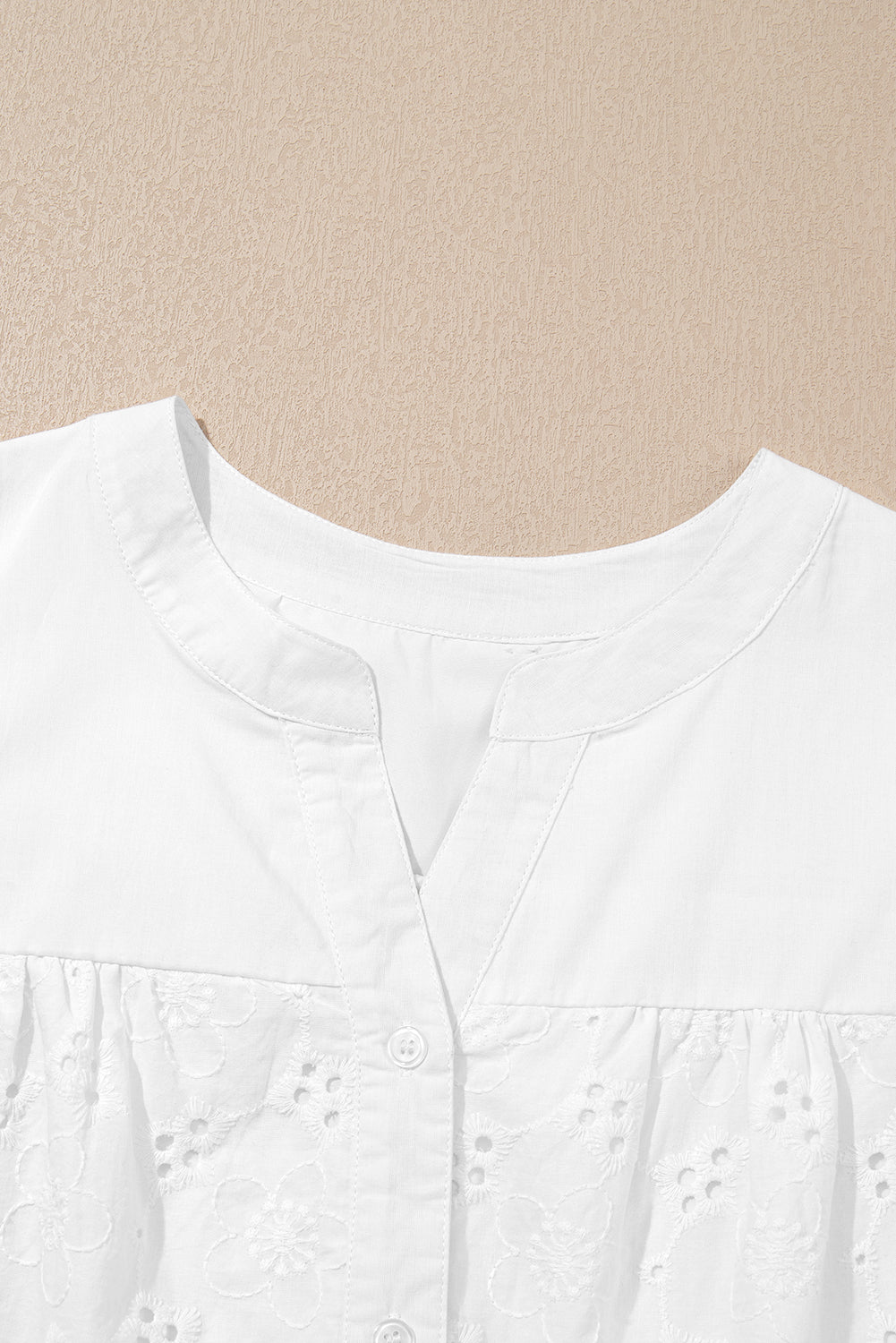 Sky Blue Lace Crochet V Neck Half Sleeve Embroidery Button Down Blouses Casual Shirts
