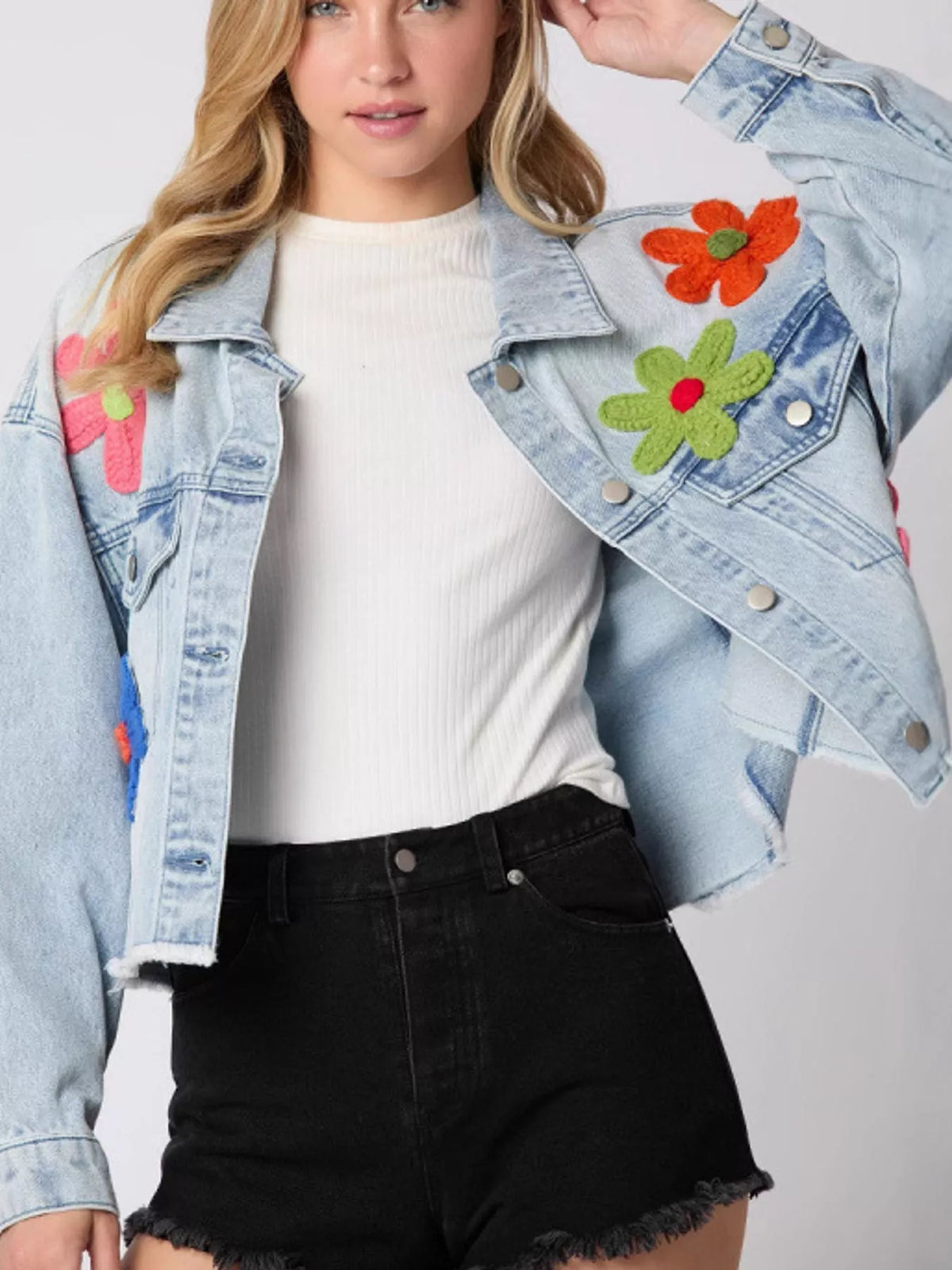 Applique Cropped Denim Jacket with Raw Hem