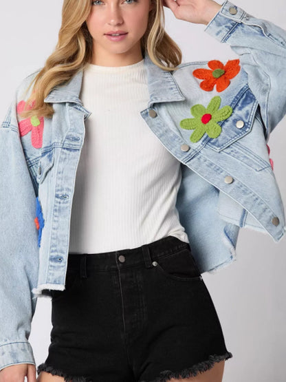 Applique Cropped Denim Jacket with Raw Hem