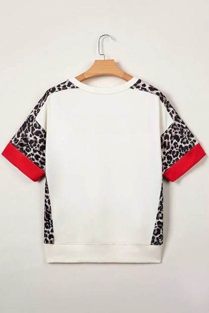 Leopard Block Patchwork Uneven Hem Short Sleeve Top