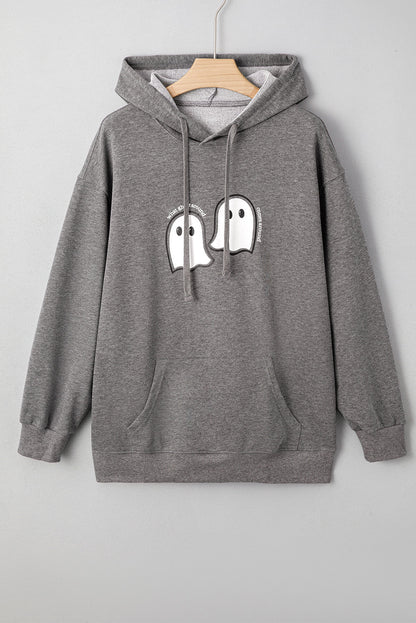 Dark Grey Cute Halloween Ghost Print Mineral Wash Oversize Hoodie