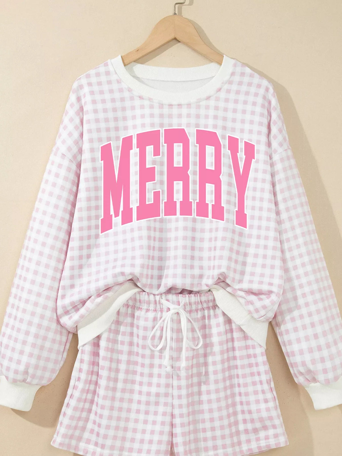 Plaid MERRY Lettering Long Sleeve Top Casual Shorts Set