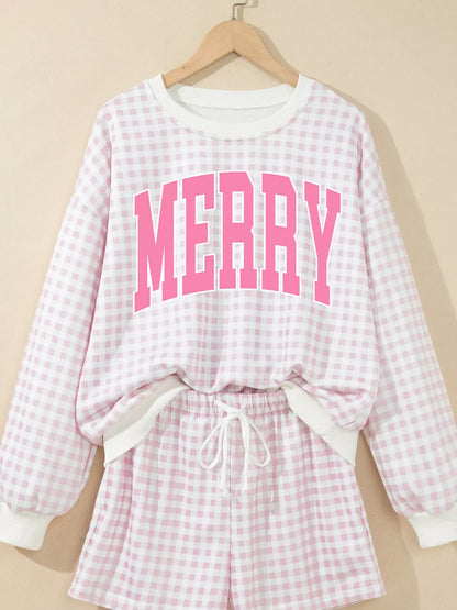 Plaid MERRY Lettering Long Sleeve Top Casual Shorts Set