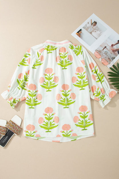 Pink Plus Size Floral Print Striped Trim V Neck Blouse