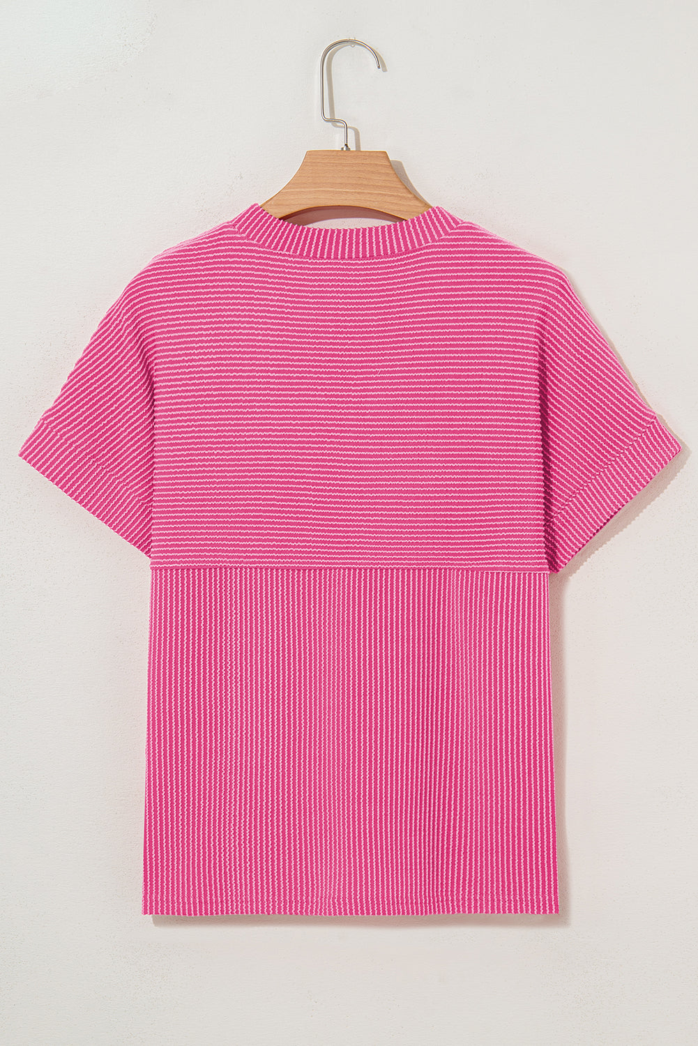 Bright Pink Plain Corded Knit Mock Neck T Shirt