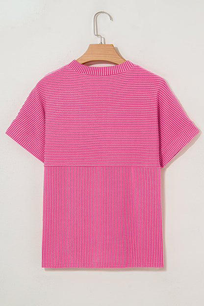 Bright Pink Plain Corded Knit Mock Neck T Shirt
