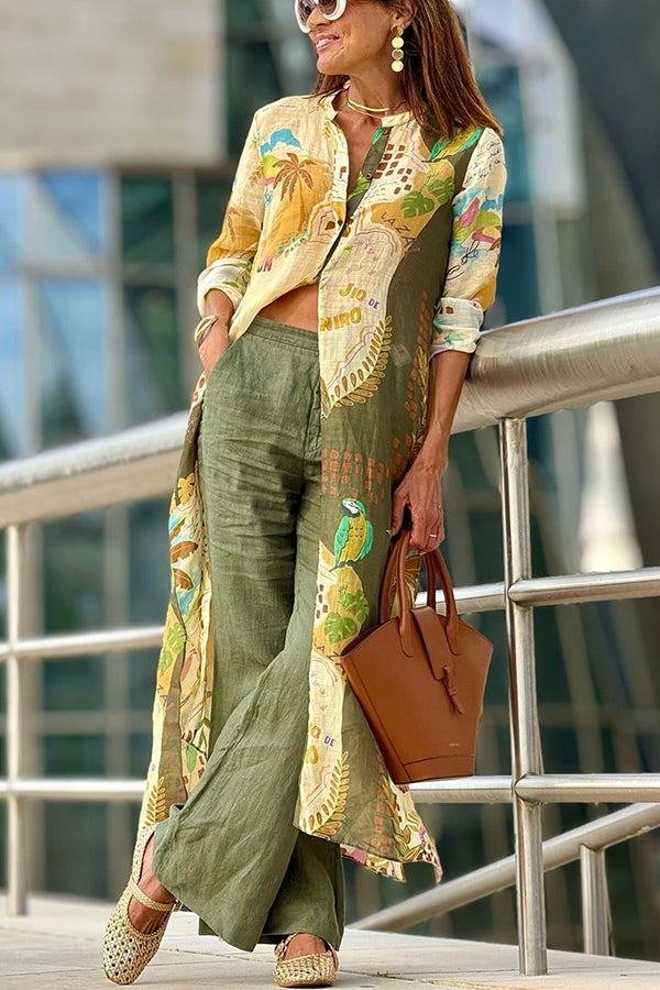 Cayla Linen Blend Unique Print Button Long Sleeve Shirt Midi Dress Multicolor