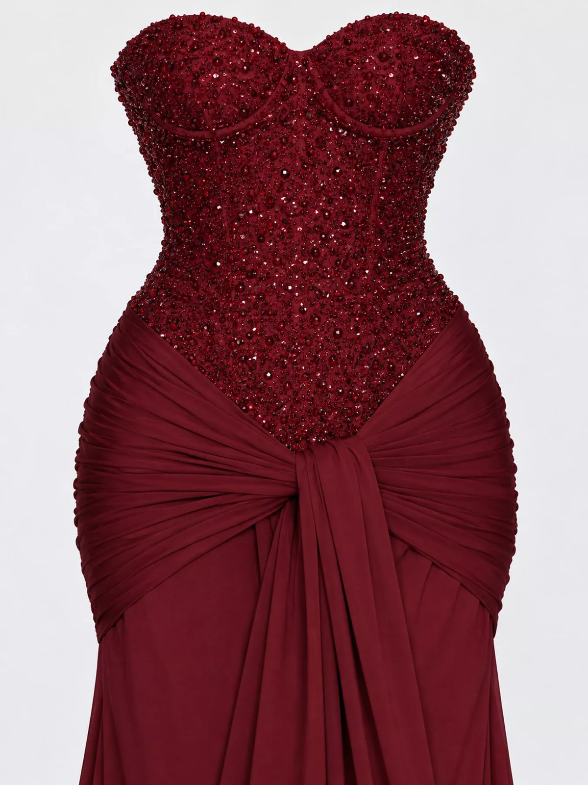 Elegant Strapless Sequin Corset Maxi Dress with Draped Waist Detail
