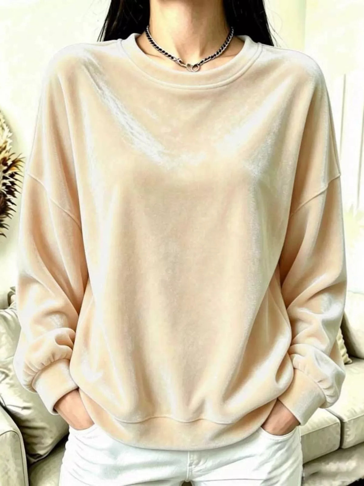 Full Size Velvet Dropped Shoulder Sweatshirt Plus Size