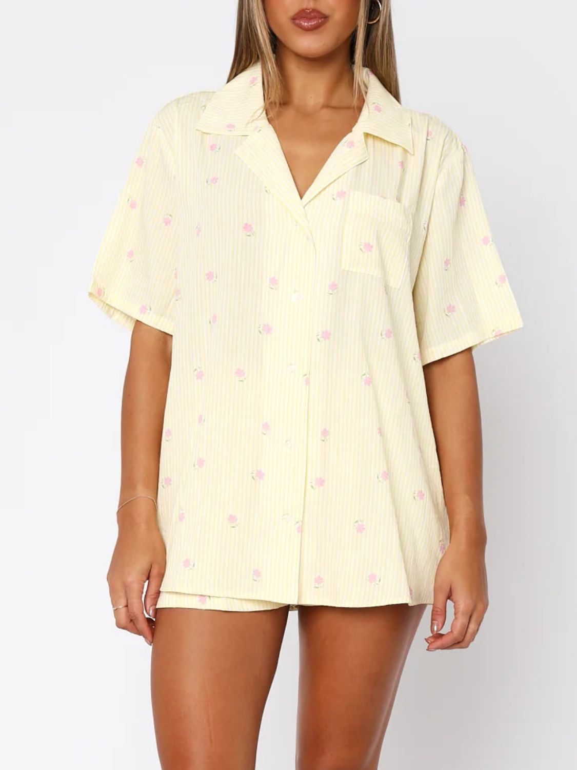 Valentine's Day Printed Collared Neck Short Sleeve Top And Shorts Set