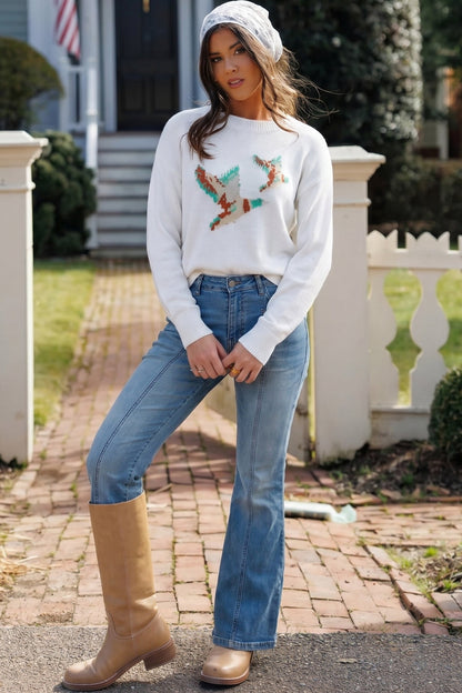 White Retro Flying Mallard Pattern Drop Shoulder Pullover Sweater