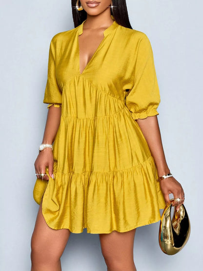 Notched Half Sleeve Tiered Dress