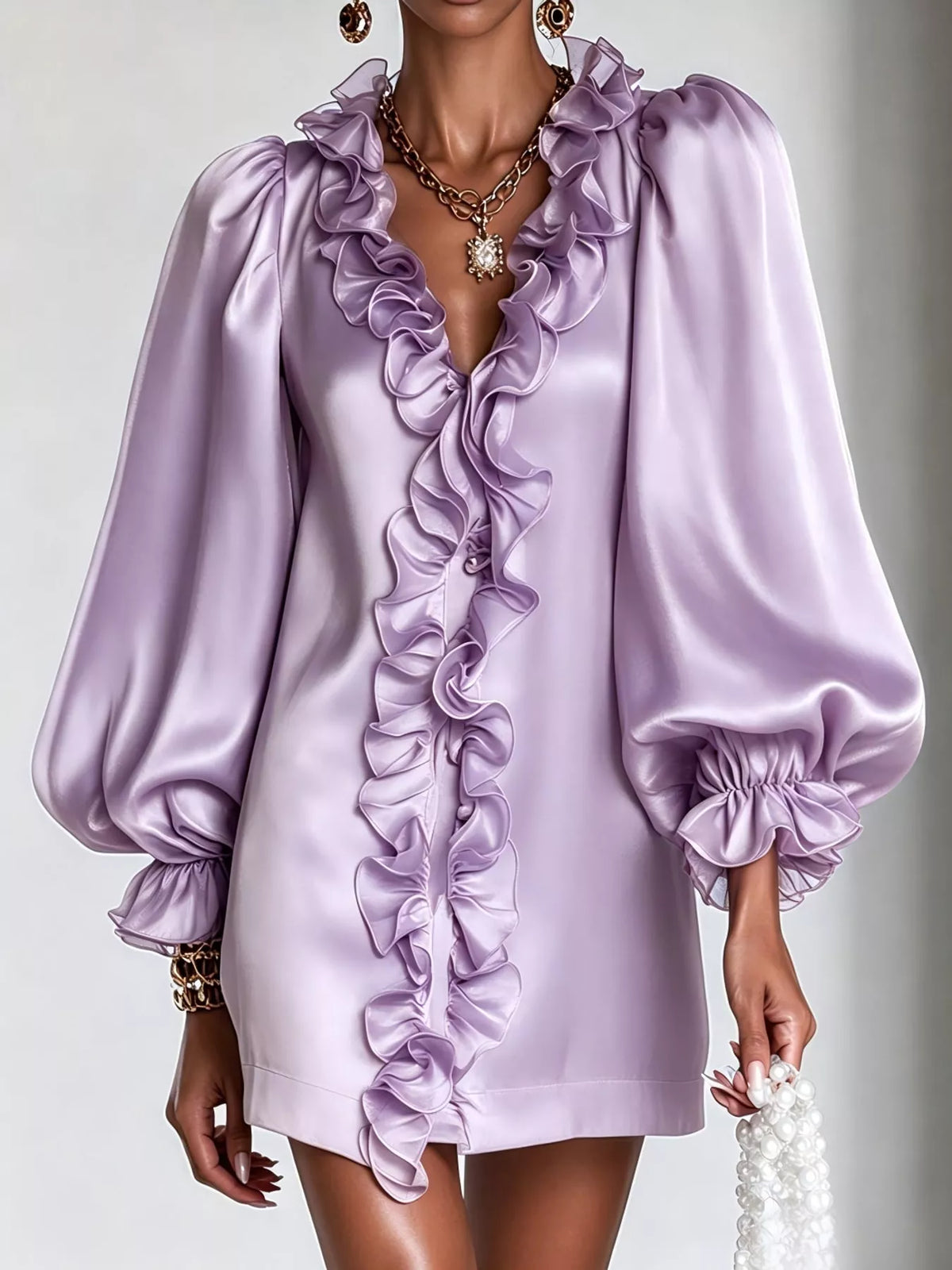 Ruffle Trim Puff Sleeve Mini Dress
