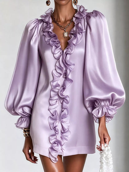 Ruffle Trim Puff Sleeve Mini Dress