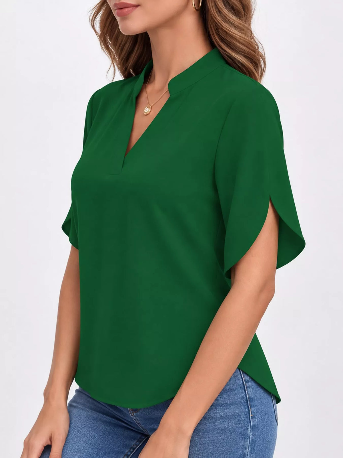 Notched Slit Short Sleeve Blouse