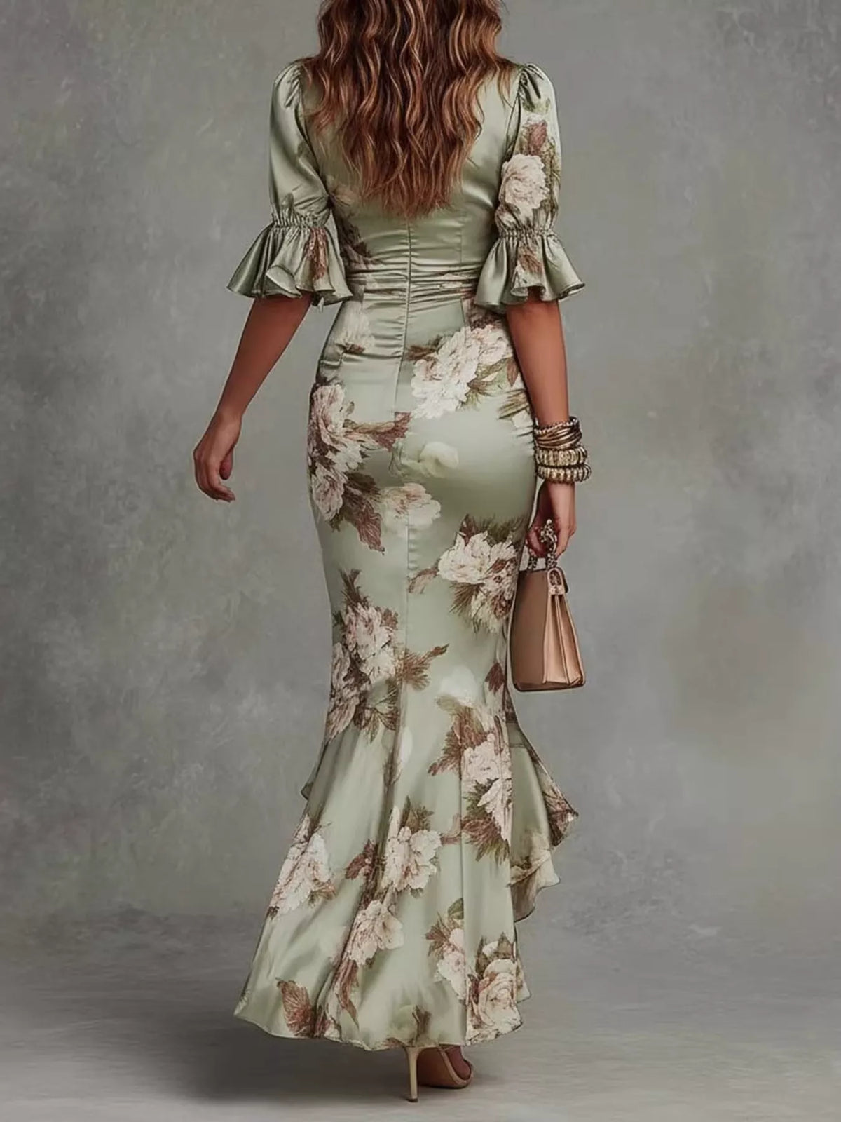 Floral Ruched High-Low Midi Dress