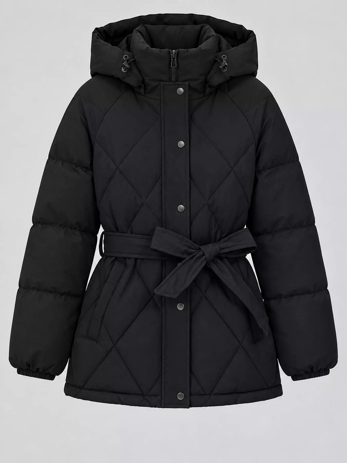 Quilted Waist Belt Hooded Puffer Outerwear