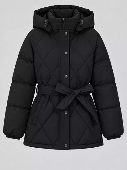 Quilted Waist Belt Hooded Puffer Outerwear