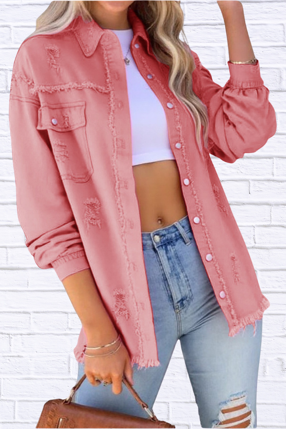 Distressed Denim Jacket with Frayed Edges Rose Red