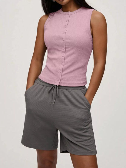 Ribbed Button-Front Sleeveless Tank