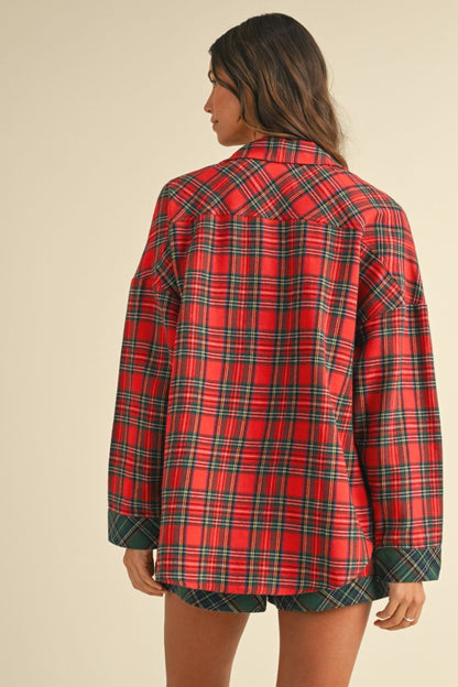 Annie Wear Contrast Plaid Long Sleeve Top And Shorts Pajama Set