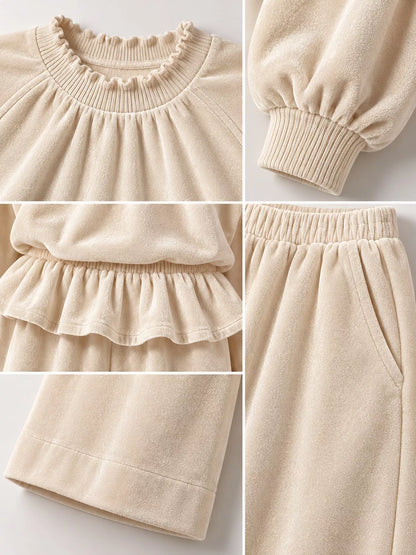 Velvet Ruffled Hem Top and Wide-Leg Pants Set