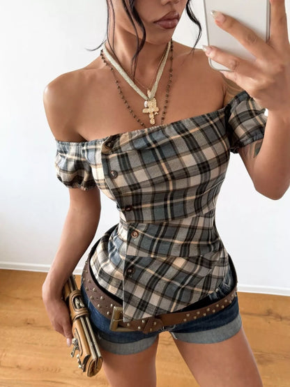 Off-Shoulder Plaid Blouse