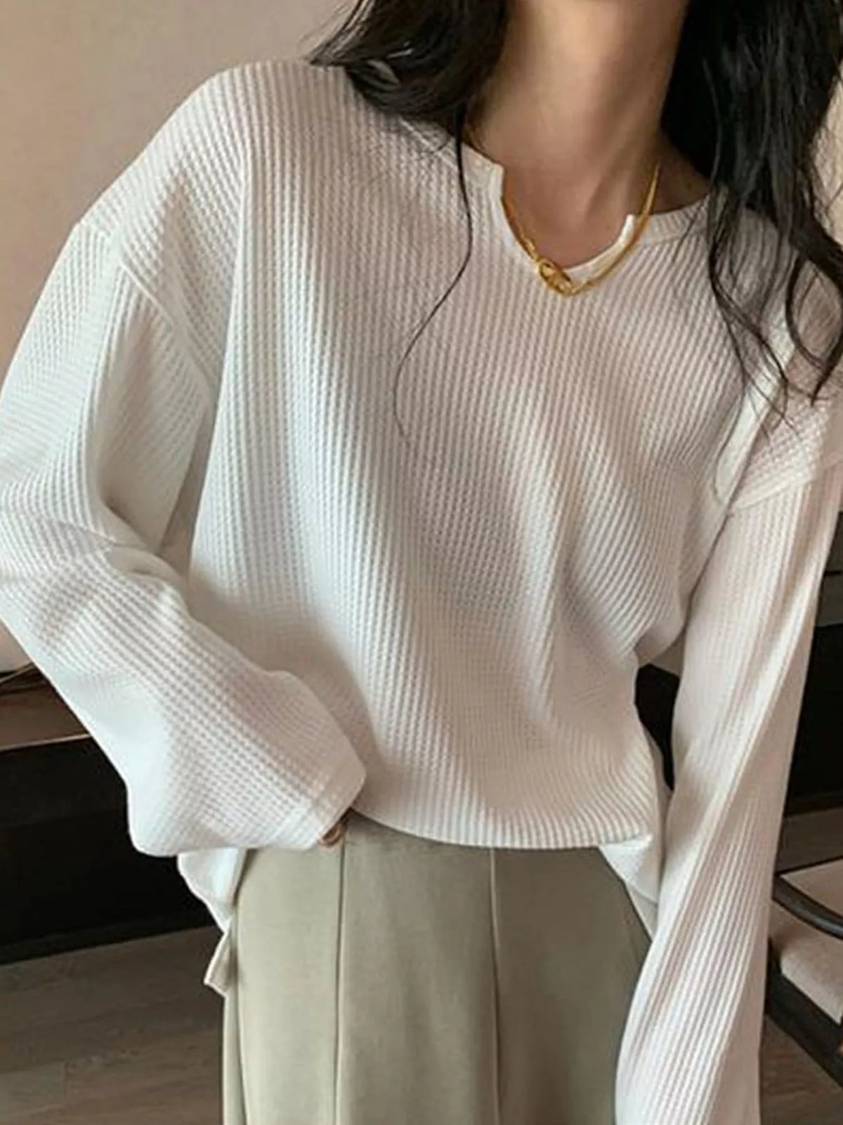 Casual Waffle Knit Long Sleeve T-Shirt
