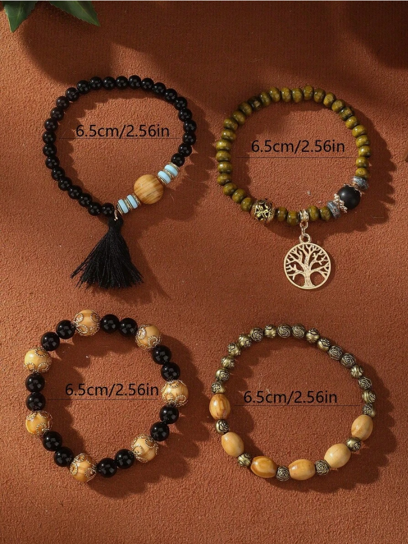 Tassel Multi-Layer Wooden Bead 4pcs/Set Bohemian Bracelet