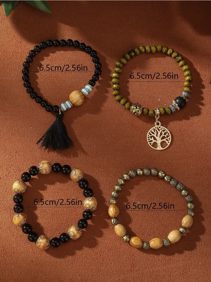 Tassel Multi-Layer Wooden Bead 4pcs/Set Bohemian Bracelet