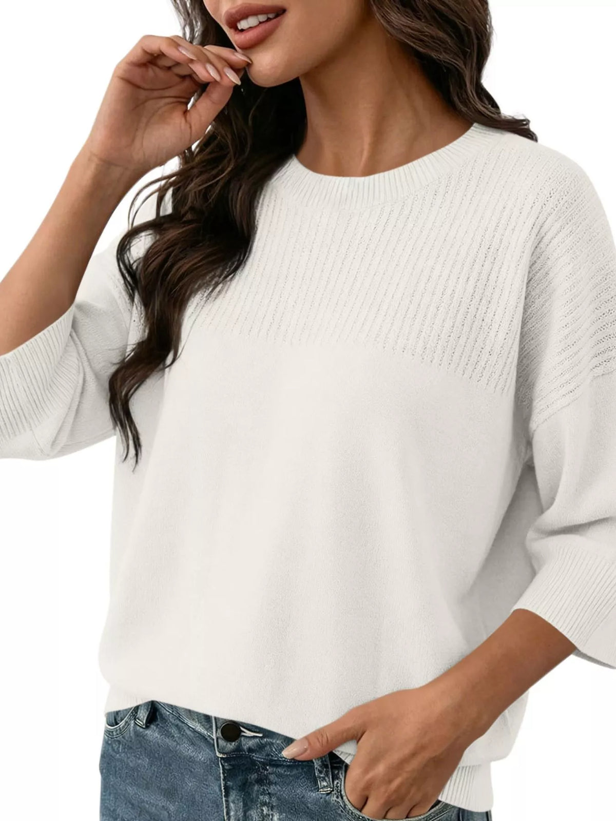 Elegant Crew Neck Eyelet Ribbed Sweater