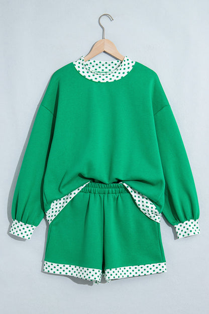 Bright Green Polka Dot Trim Baggy Pullover 2pcs Short Set