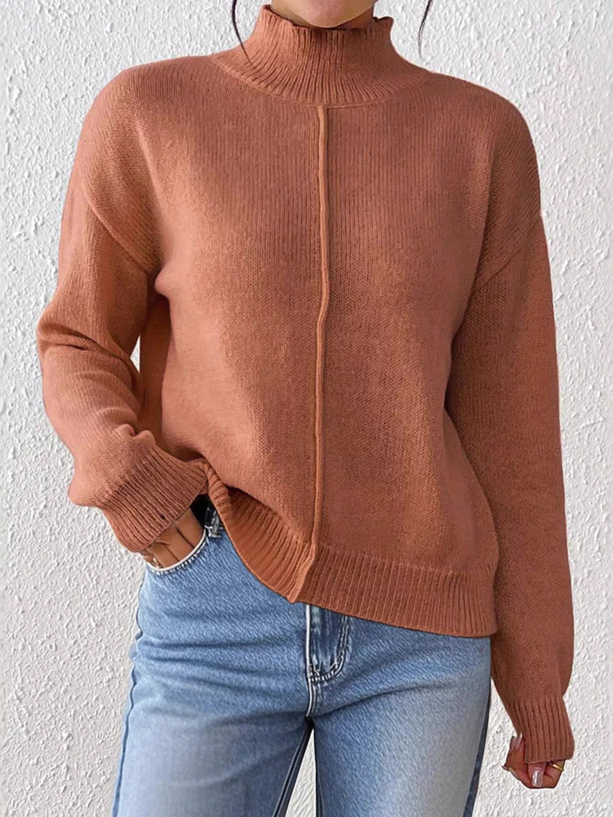 Center Seam Detail Turtleneck Sweater for Women