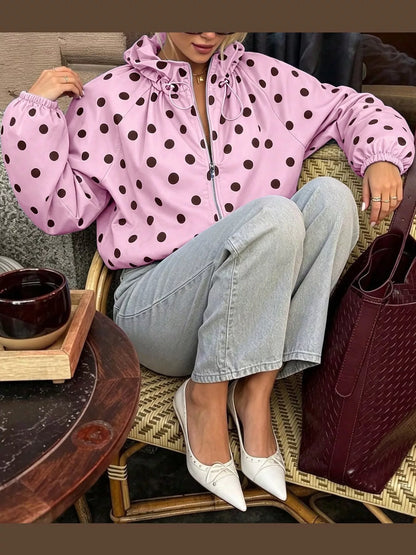Polka Dot Zip Up Hooded Jacket