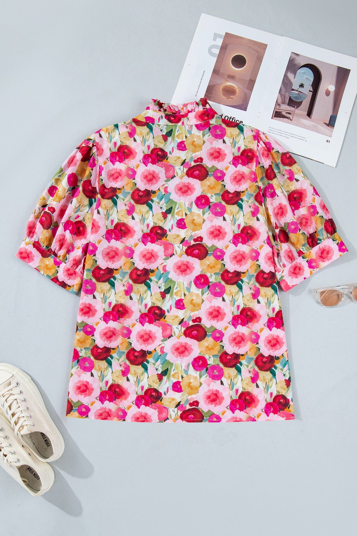 Pink Plus Size Flower Print Split V Neck Puff Short Sleeve Top