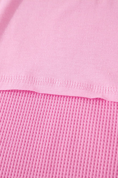 Solid Color Raw Seam Waffled Patchwork Casual T Shirt