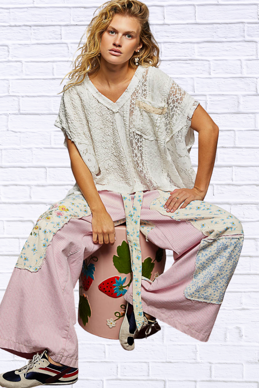 POL Asymmetrical V-Neck Short Sleeve Lace Top