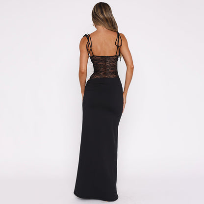Elegant lace stitching suspender dress