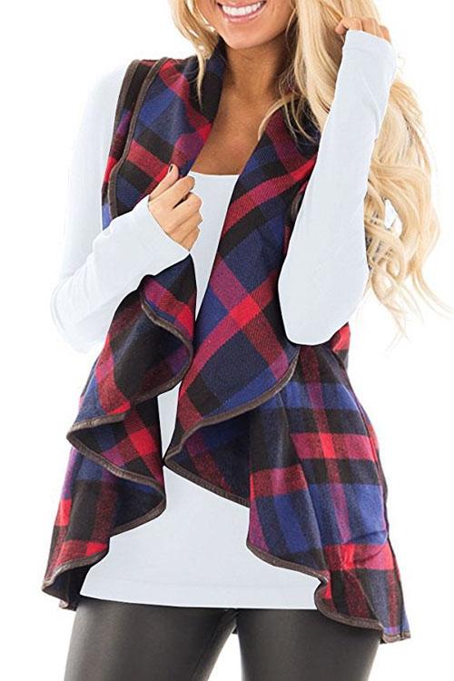 Lush Sleeveless Plaid Jacket Vest with Pockets